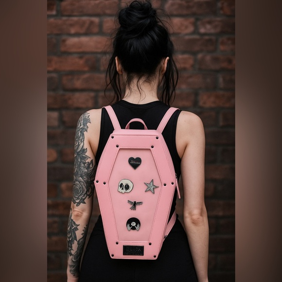 Blackcraft Cult Handbags - Pink Faux Leather Black Metal Pin Collector Coffin-Shaped Backpack Like New